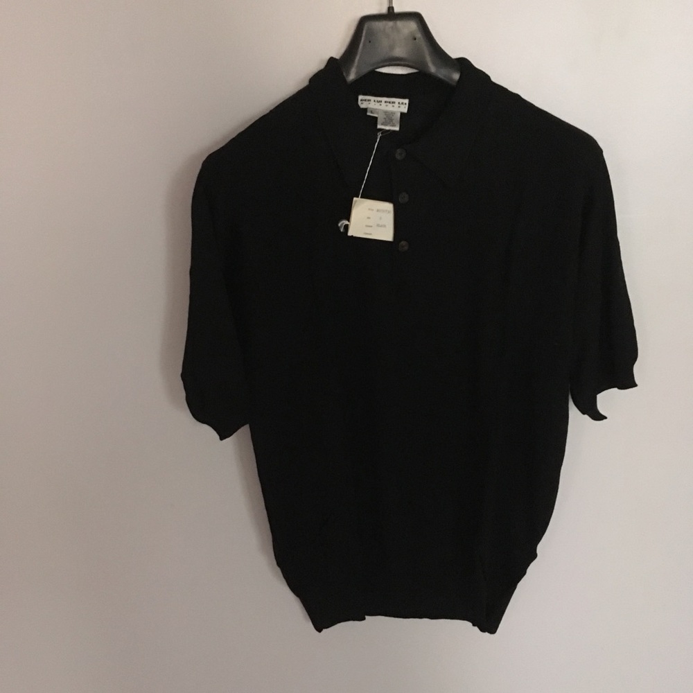 Per lui per lei black 100% silk large short sleeve polo size L new nwt pa0147